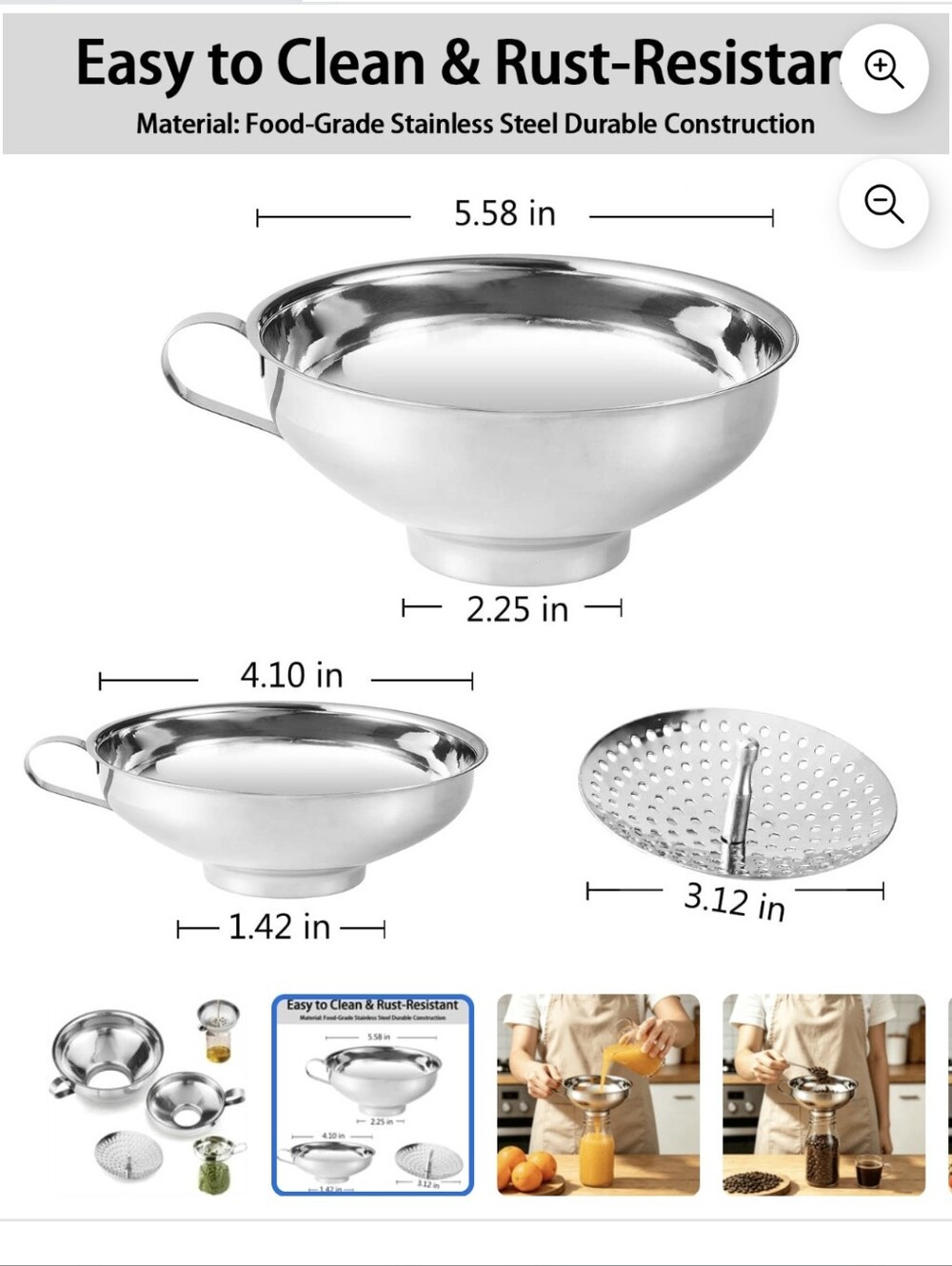 Stainless Steel wide mouth funnel with strainer - Silver~ 3 pzs set